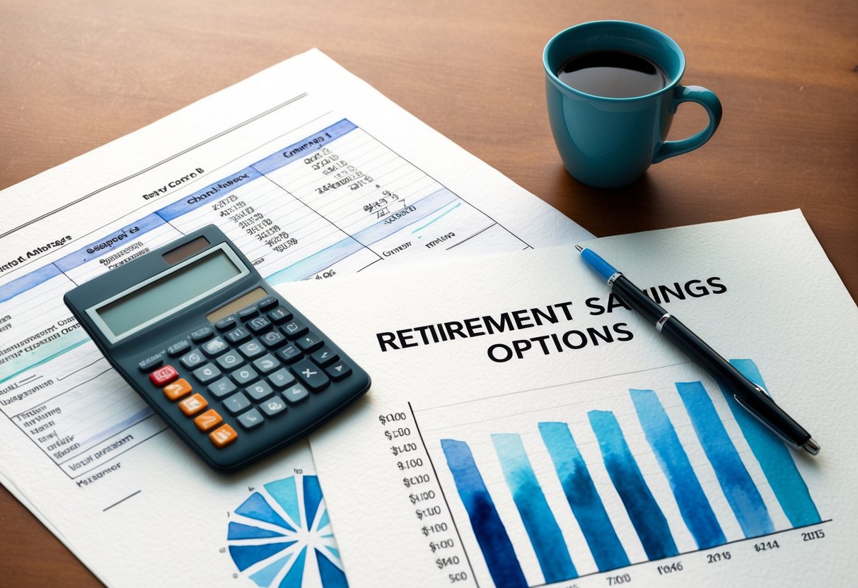A table with financial documents, calculator, and retirement savings options chart