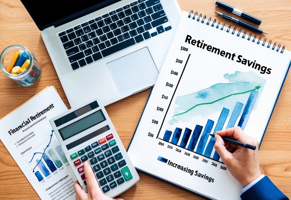 A desk with a laptop, calculator, and financial documents. A graph showing increasing retirement savings