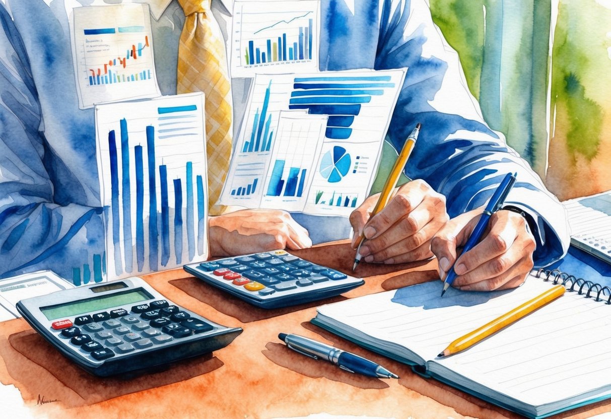 A person researching financial options, surrounded by charts and graphs, with a calculator and notebook on the desk