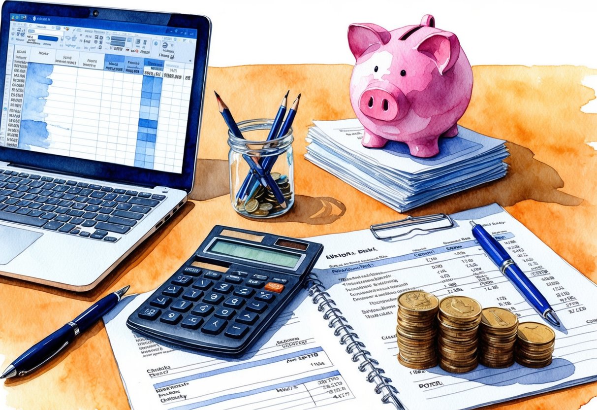 A desk with a calculator, pen, and financial documents. A laptop displaying a spreadsheet. A piggy bank and a stack of coins on the desk