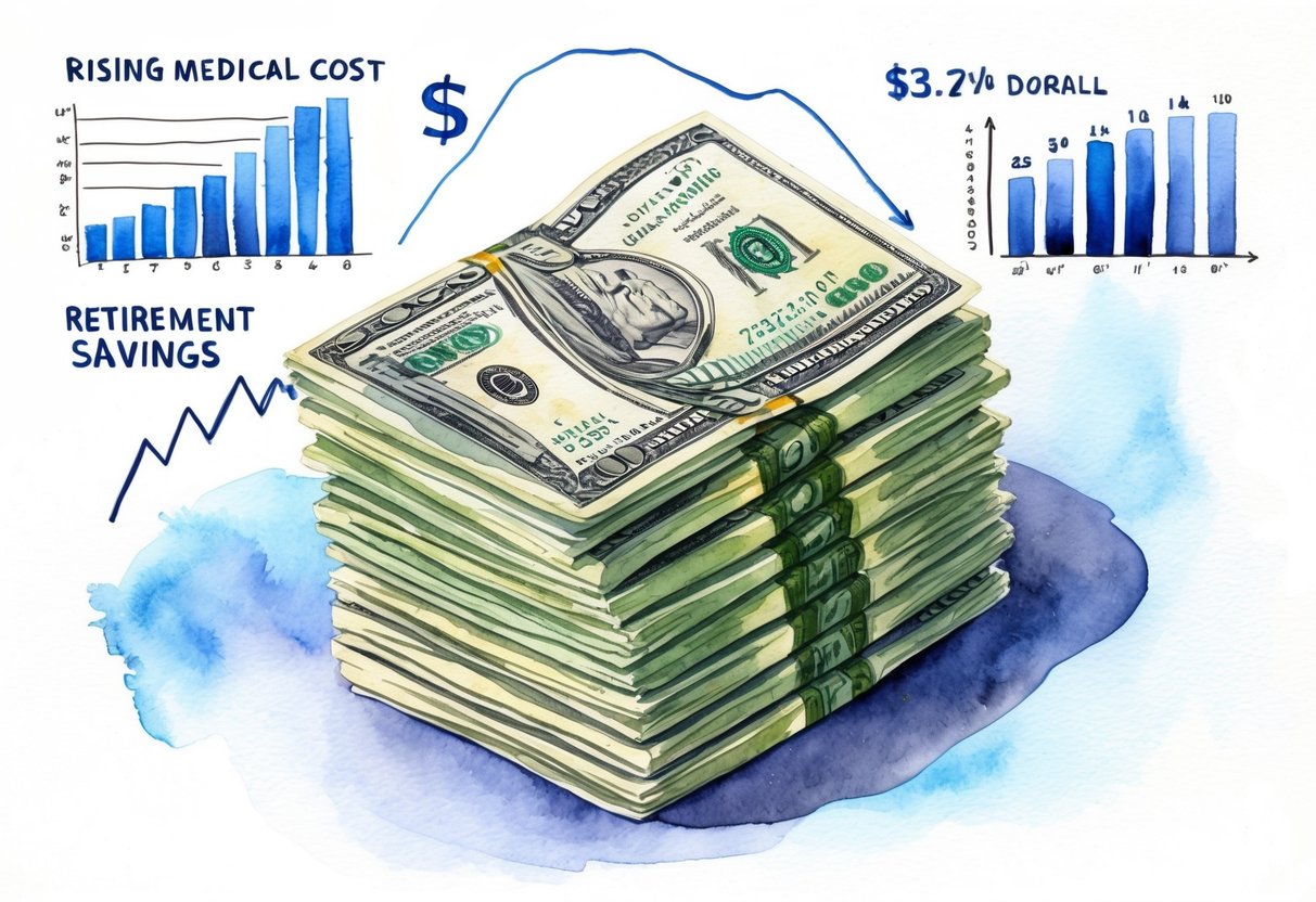 A stack of dollar bills surrounded by rising medical cost graphs and retirement savings options