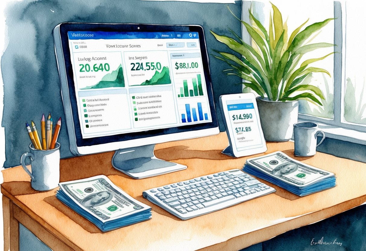 A desk with multiple income sources (e.g. paycheck, investments) and a savings account balance displayed on a computer screen