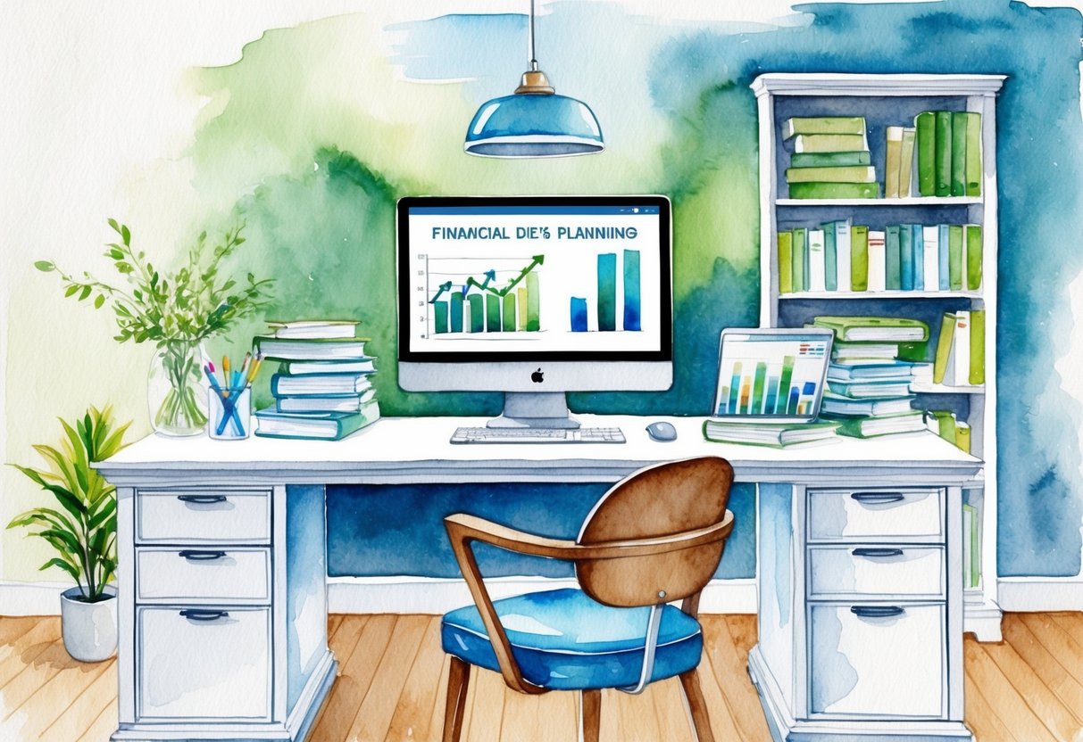 A serene and organized office space with a desk, computer, and bookshelf filled with financial planning resources. A chart or graph showing growth and savings potential could be displayed on the computer screen