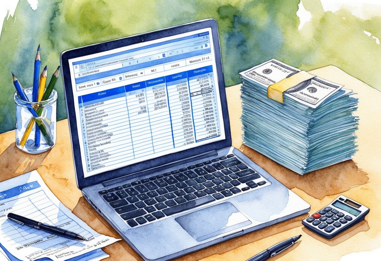 A desk with a calculator, pen, and paper. A laptop displaying a spreadsheet of financial data. A stack of bills and receipts