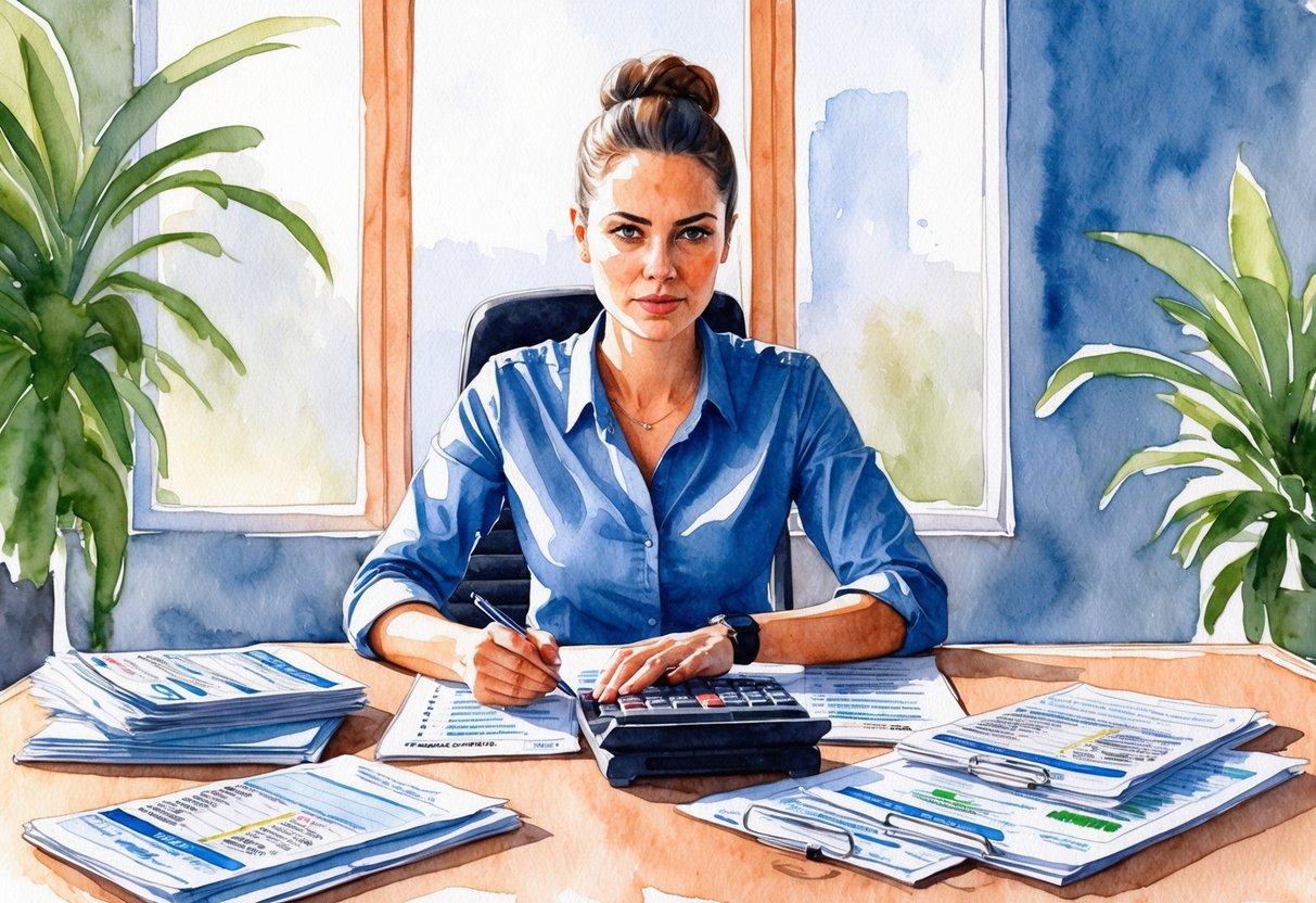 A person sitting at a desk surrounded by financial documents and a calculator, looking focused and determined