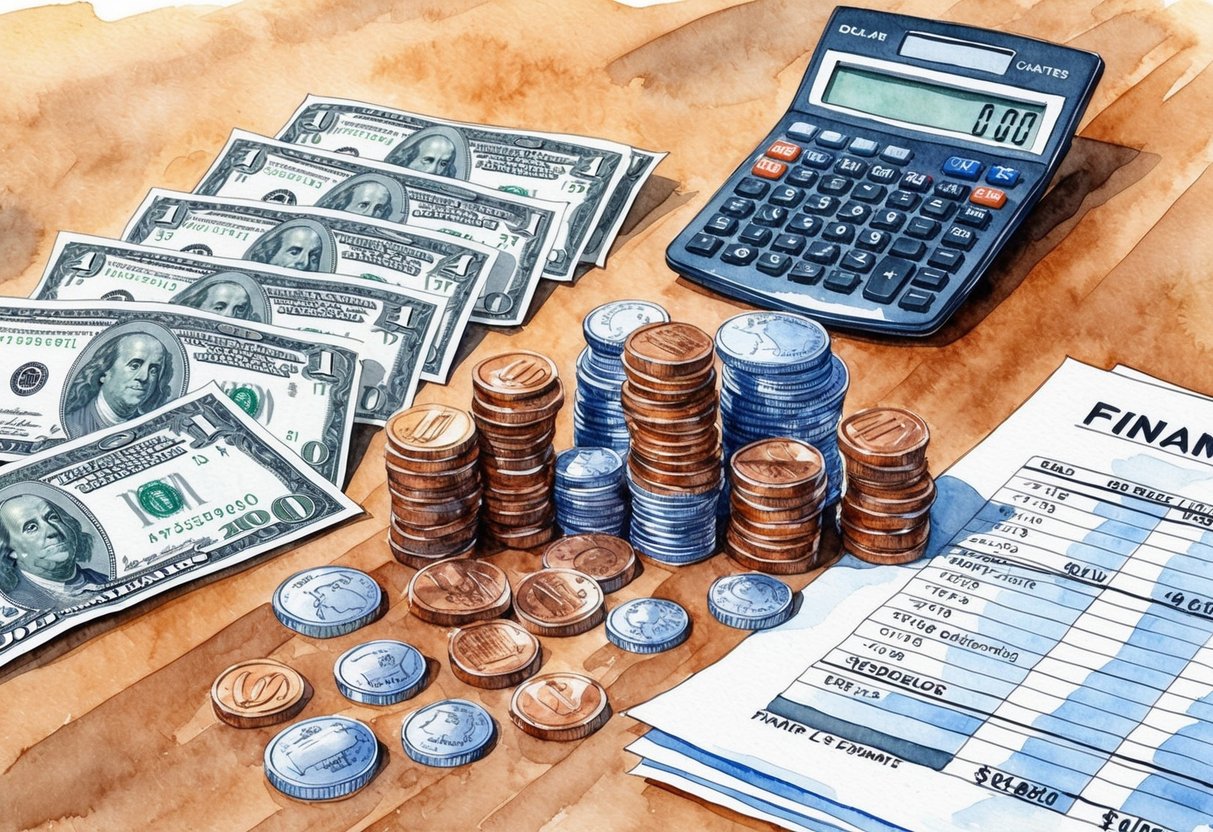 A pile of coins and dollar bills arranged neatly on a table, alongside a calculator and a financial statement