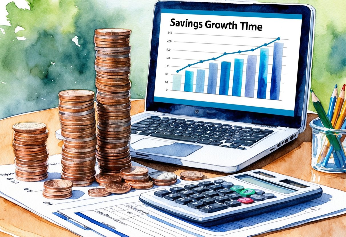 A stack of coins and dollar bills on a table, alongside a calculator and paperwork. A chart showing savings growth over time is displayed on a computer screen