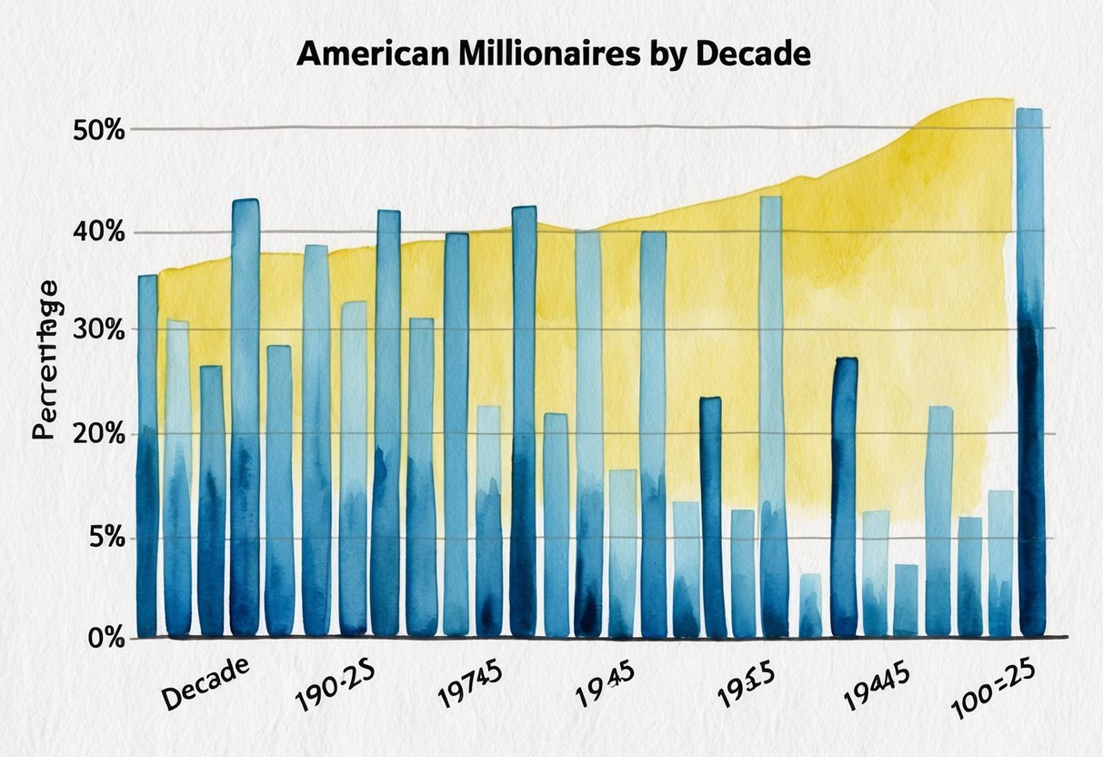A bar graph showing the percentage of American millionaires by decade, with each decade labeled on the x-axis and the percentage on the y-axis