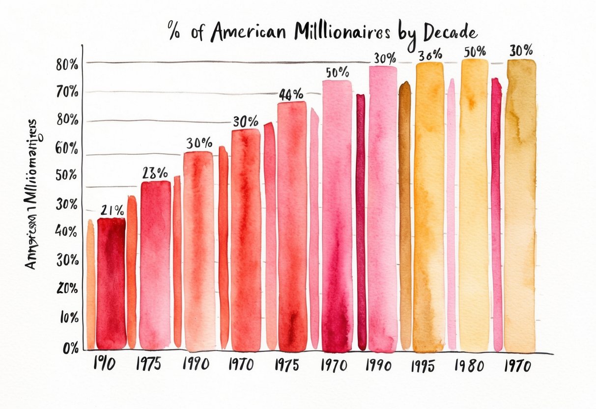 A bar graph showing the increasing percentage of American millionaires by decade, with each bar growing taller as it progresses through history