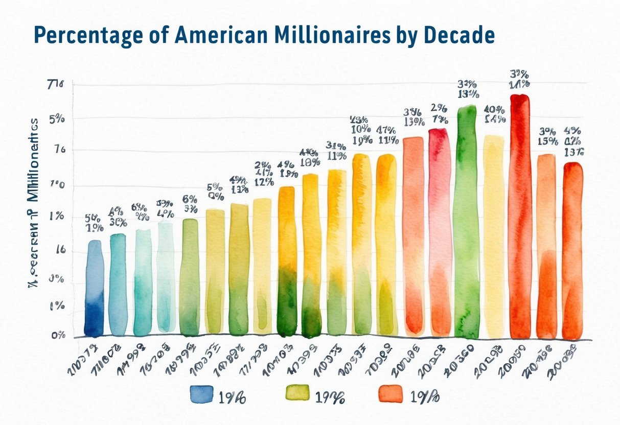 A bar graph showing the percentage of American millionaires by decade, with clear labels and distinct colors for each decade
