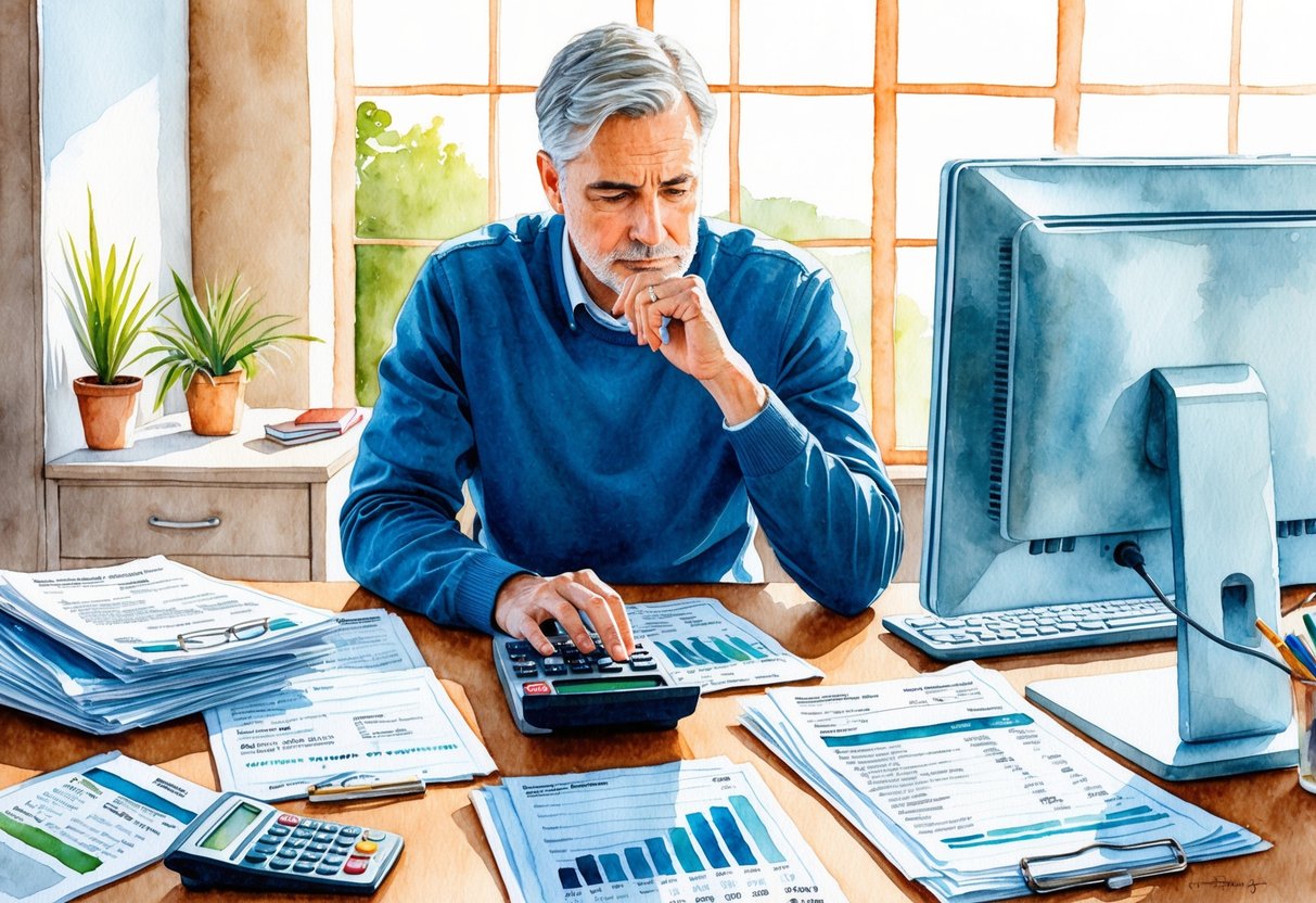 A person sitting at a desk surrounded by financial documents, calculator, and computer, deep in thought while evaluating their retirement savings