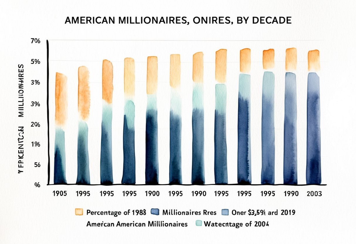A bar graph showing the percentage of American millionaires by decade, with each bar representing a different time period