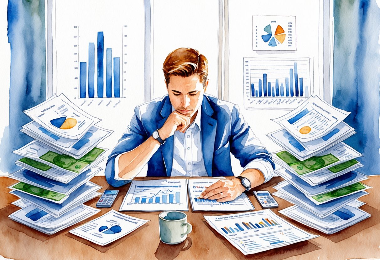A person sitting at a desk surrounded by financial documents and charts, deep in thought while evaluating their savings and financial situation