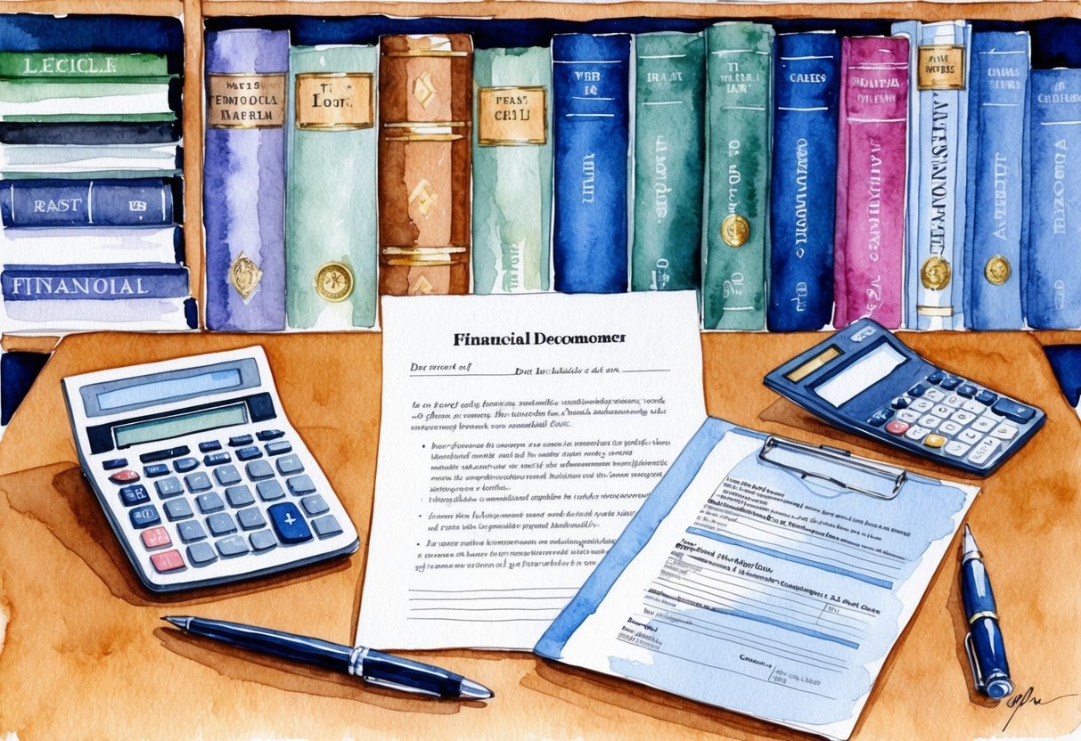 A desk with a calculator, financial documents, and a pen, surrounded by a bookshelf filled with legal and financial books
