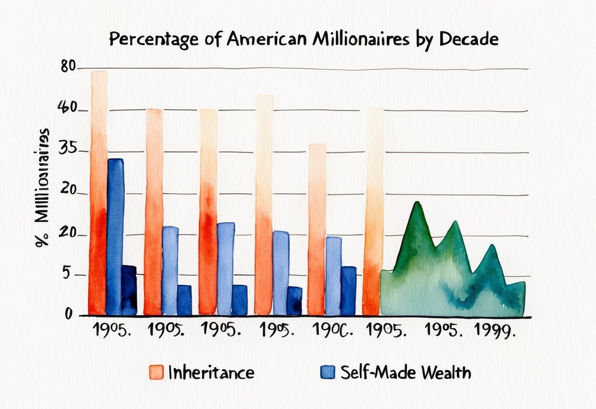 A bar graph showing the percentage of American millionaires by decade, with one bar representing inheritance and another representing self-made wealth
