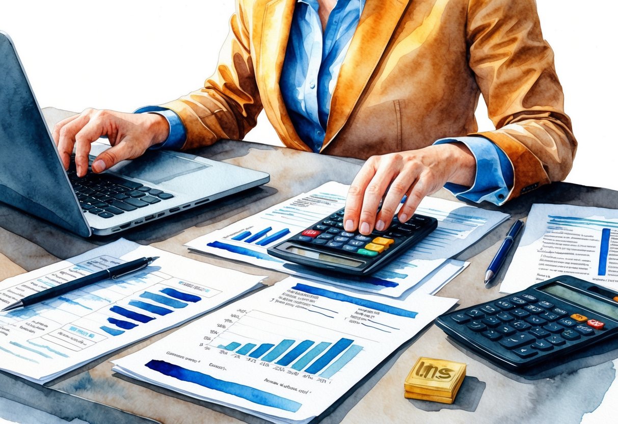 A person sitting at a desk with a laptop, calculator, and financial documents spread out, analyzing their savings and investment accounts