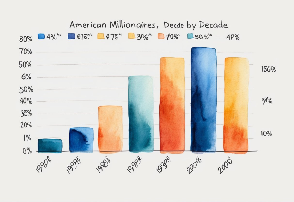 A bar graph showing the percentage of American millionaires by decade, with the bars increasing in height over time