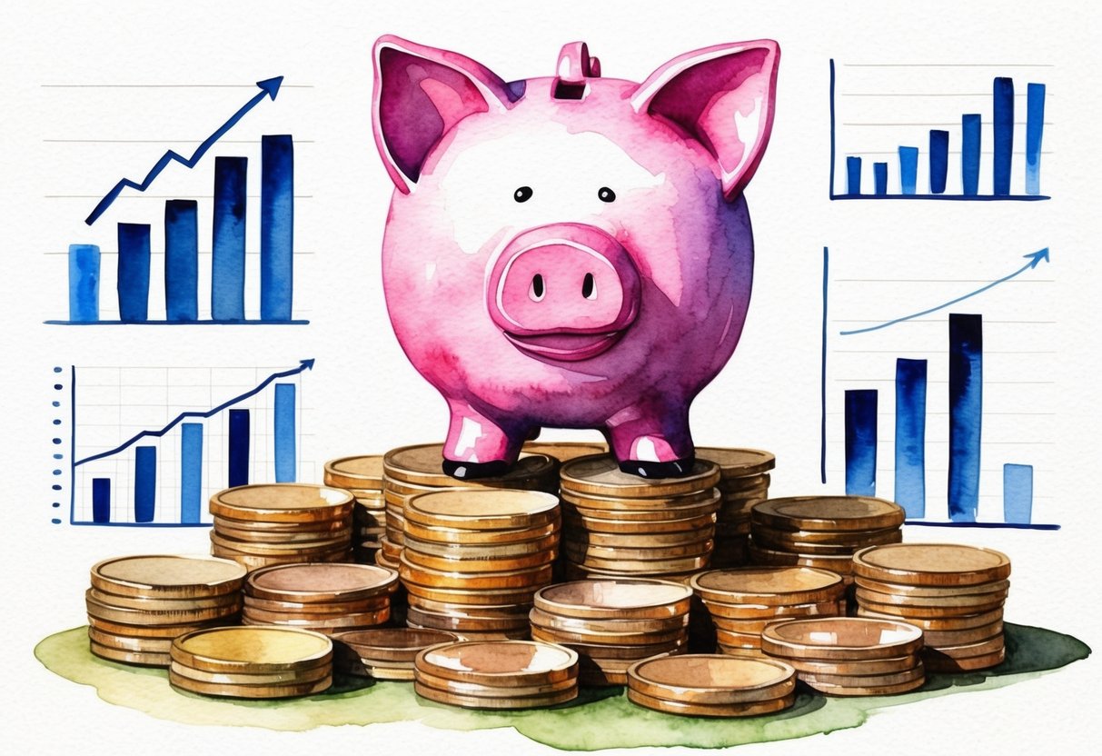 A piggy bank sits atop a stack of coins, surrounded by financial charts and graphs, symbolizing the evaluation of current savings and the pursuit of financial stability and success