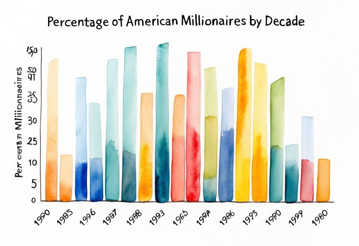 A bar graph showing the percentage of American millionaires by decade, with each decade's data represented by a different color