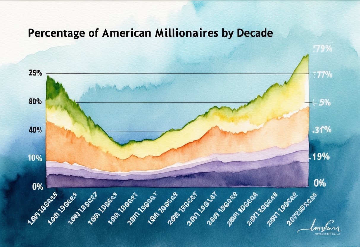 A futuristic graph showing the percentage of American millionaires by decade, with a clear upward trend