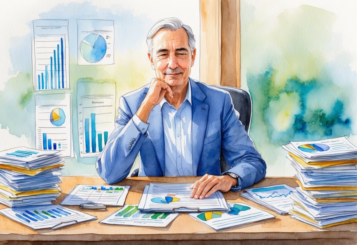 A serene, mature individual sits at a desk surrounded by financial documents and charts, pondering various investment options for building income streams in their 50s