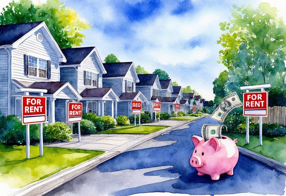 A row of well-maintained rental properties with "For Rent" signs, surrounded by lush landscaping and a blue sky, with rental income flowing into a piggy bank