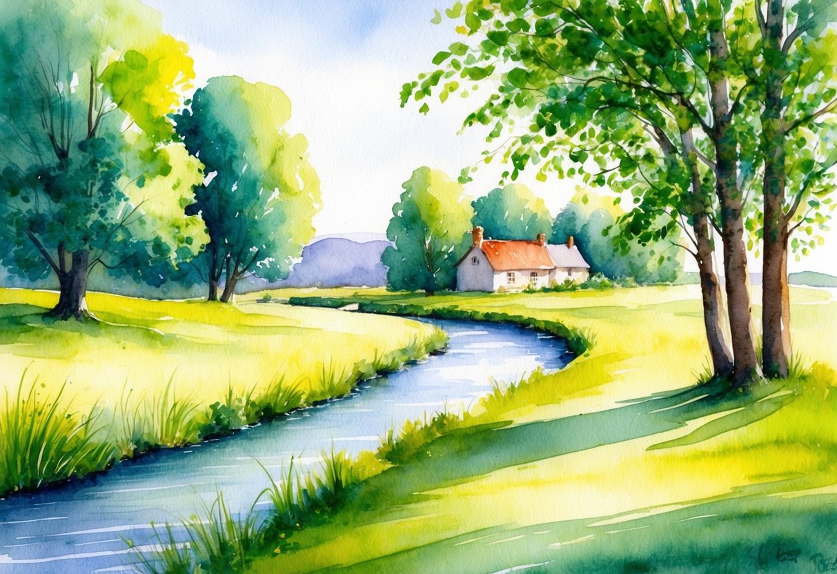 A serene countryside landscape with a peaceful stream, lush green trees, and a quaint cottage nestled in the distance