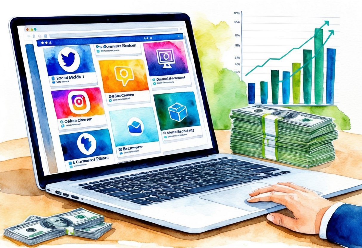 A laptop with multiple open tabs showing social media, online courses, and e-commerce platforms. A stack of money and a growth chart in the background