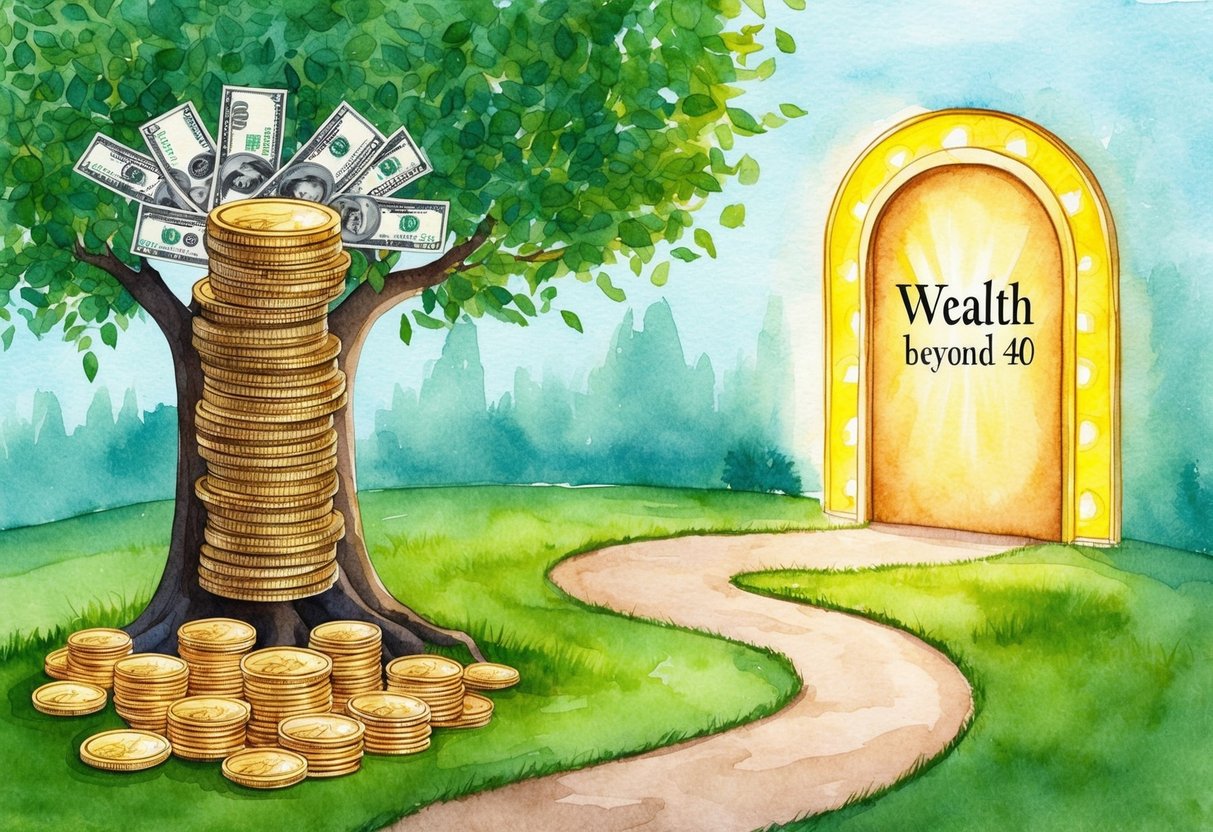 A stack of coins and bills growing on a tree with a winding path leading to a glowing door labeled "Wealth Beyond 40"