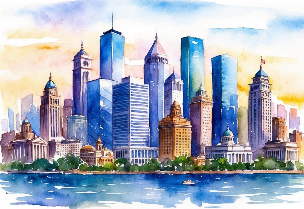 A bustling city skyline with iconic buildings representing various industries, such as finance, technology, healthcare, and entertainment
