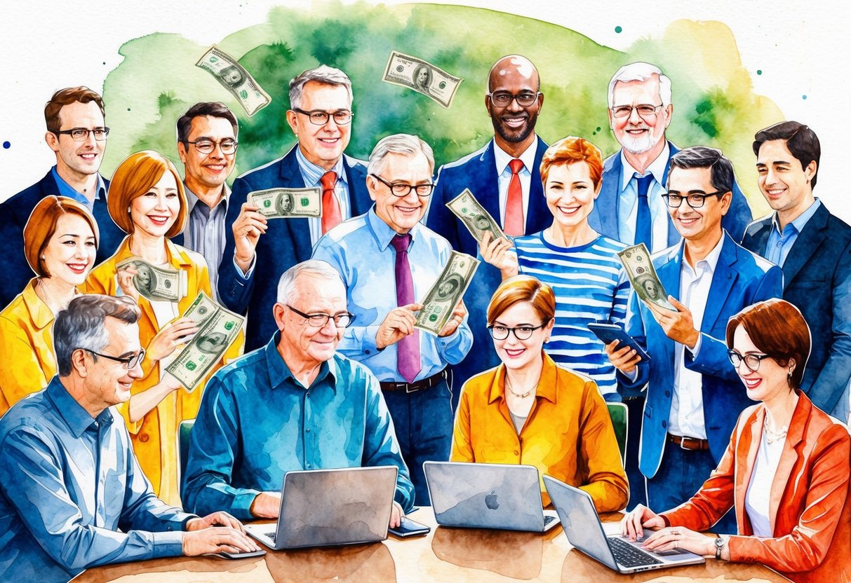 A group of people of various ages exchanging money and ideas through online platforms