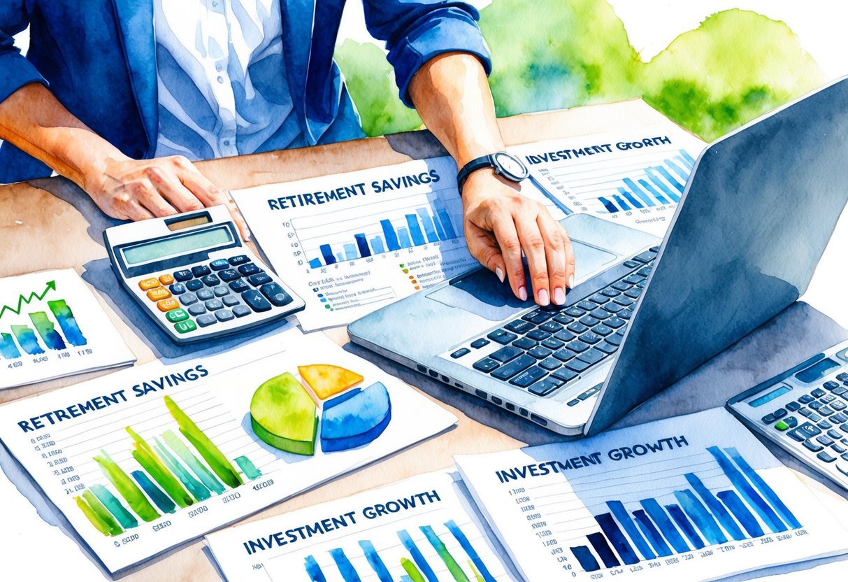 A person working at a desk with a calculator, financial documents, and a laptop, surrounded by charts and graphs showing retirement savings and investment growth