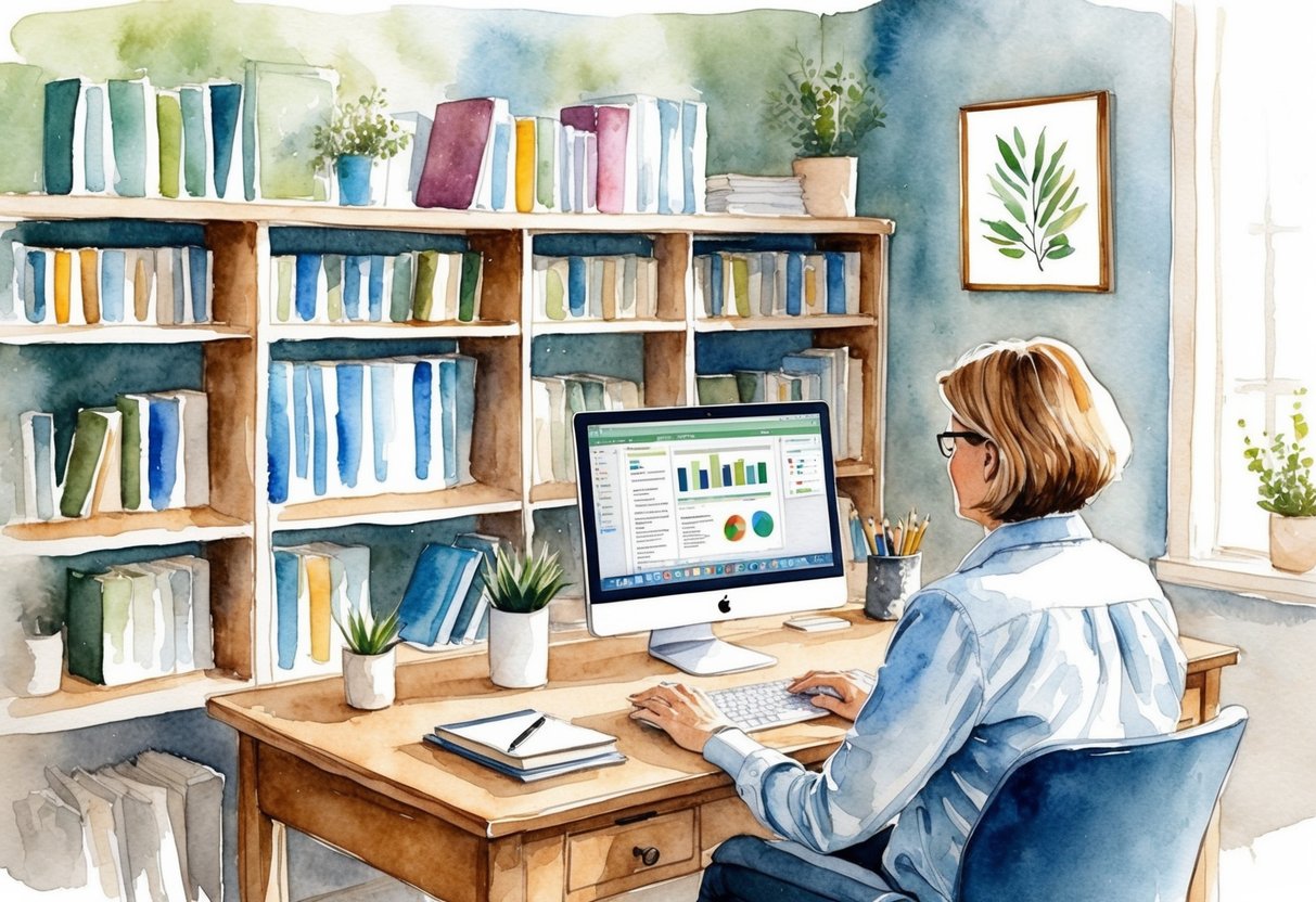 A cozy home office with a desk, computer, and shelves filled with books and resources. A person in their 50s working and generating income from their existing assets