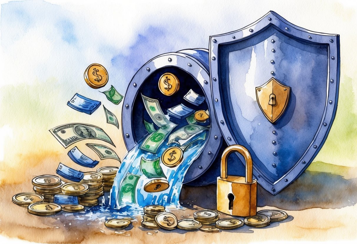A diverse collection of income sources flowing into a secure vault, guarded by a shield and a lock