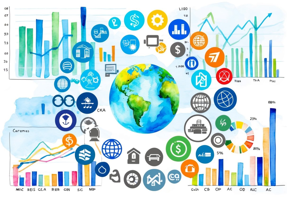 A diverse group of industry symbols arranged in a circular pattern, with a globe in the center and various financial charts in the background