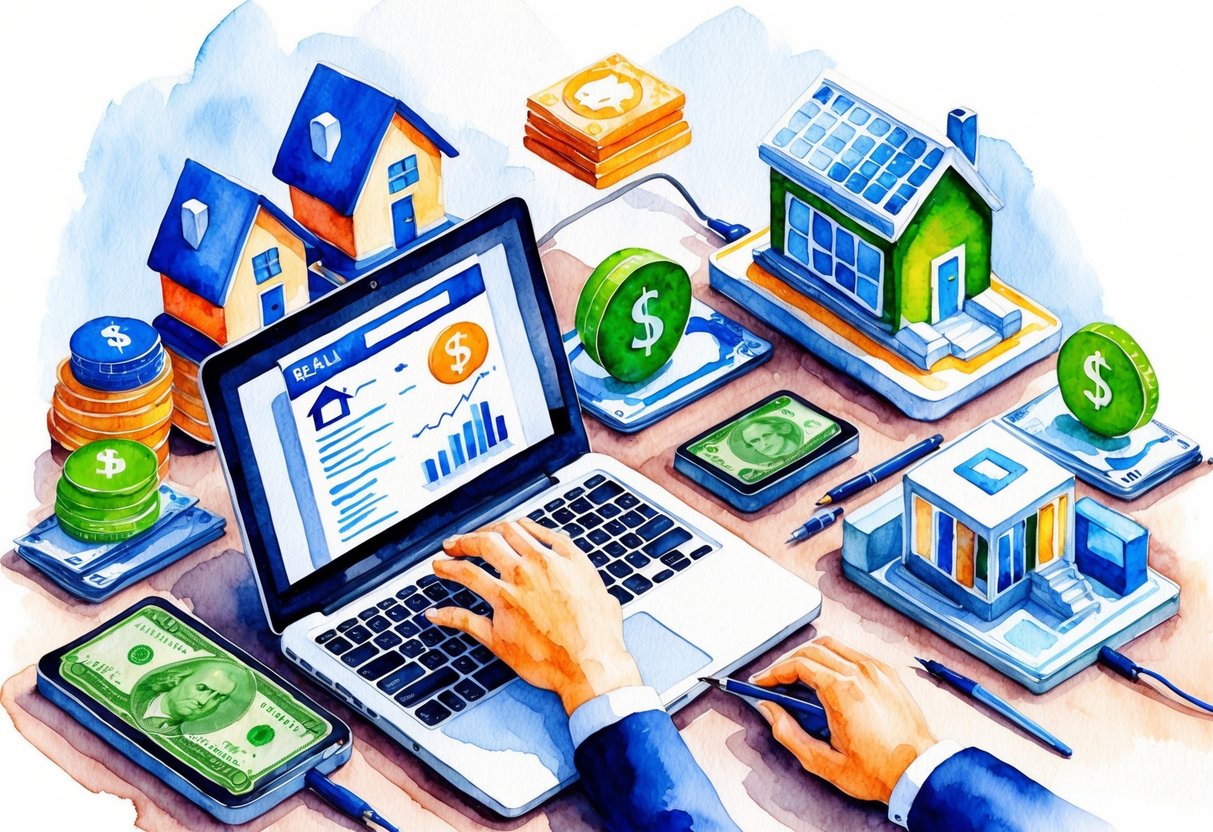 A person working on a laptop surrounded by various sources of income, such as real estate, stocks, and a small business