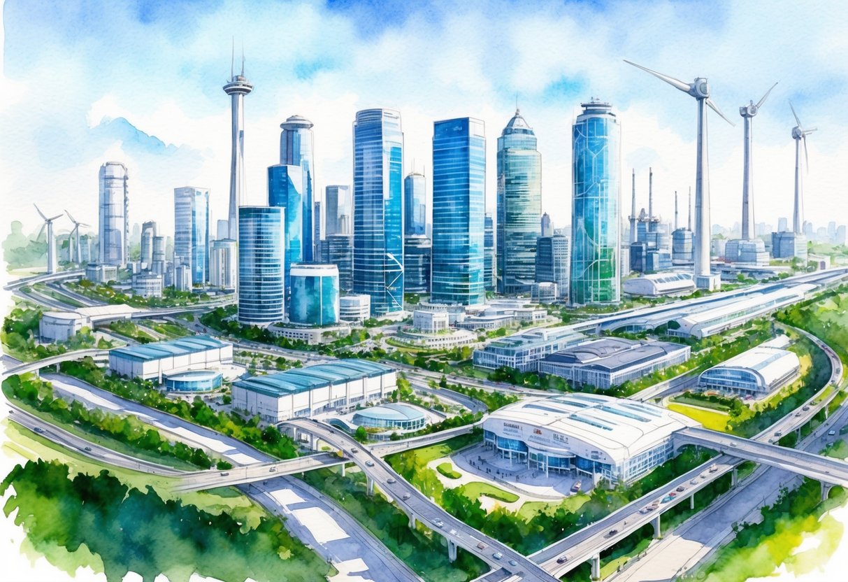 A bustling city skyline with skyscrapers, tech campuses, and renewable energy facilities, surrounded by lush greenery and futuristic transportation networks