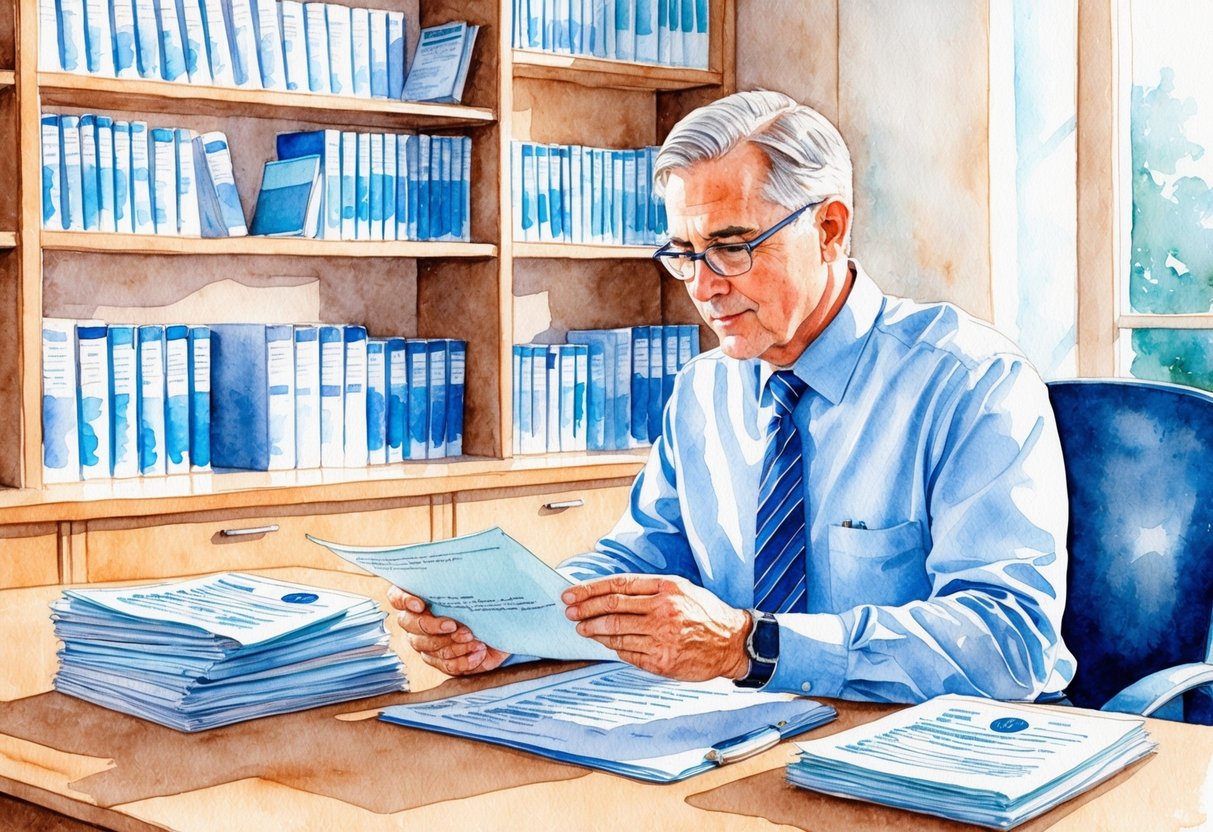 A mature person reviewing financial documents in a well-lit office with a desk, chair, and bookshelves filled with financial literature