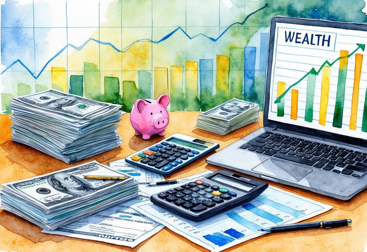 A desk cluttered with financial documents, a calculator, and a laptop. A stack of bills and a piggy bank sit nearby. A graph showing wealth growth is on the wall