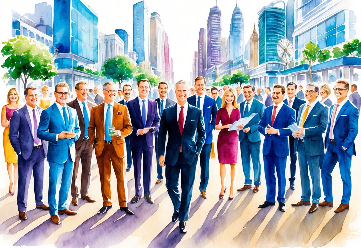 A group of millionaires from various industries gather in a vibrant, bustling cityscape, each representing their unique field of wealth and success