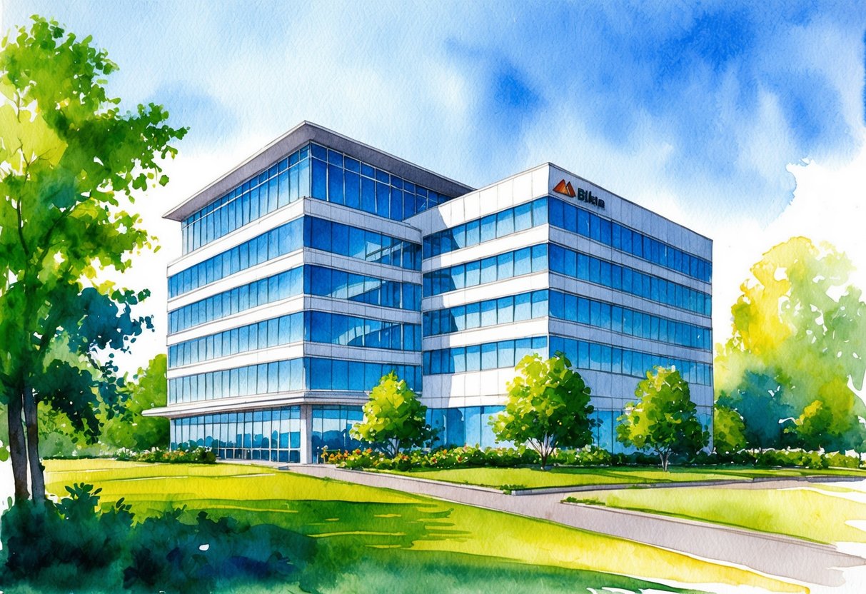 A modern office building with a sleek design, surrounded by lush greenery and a clear blue sky