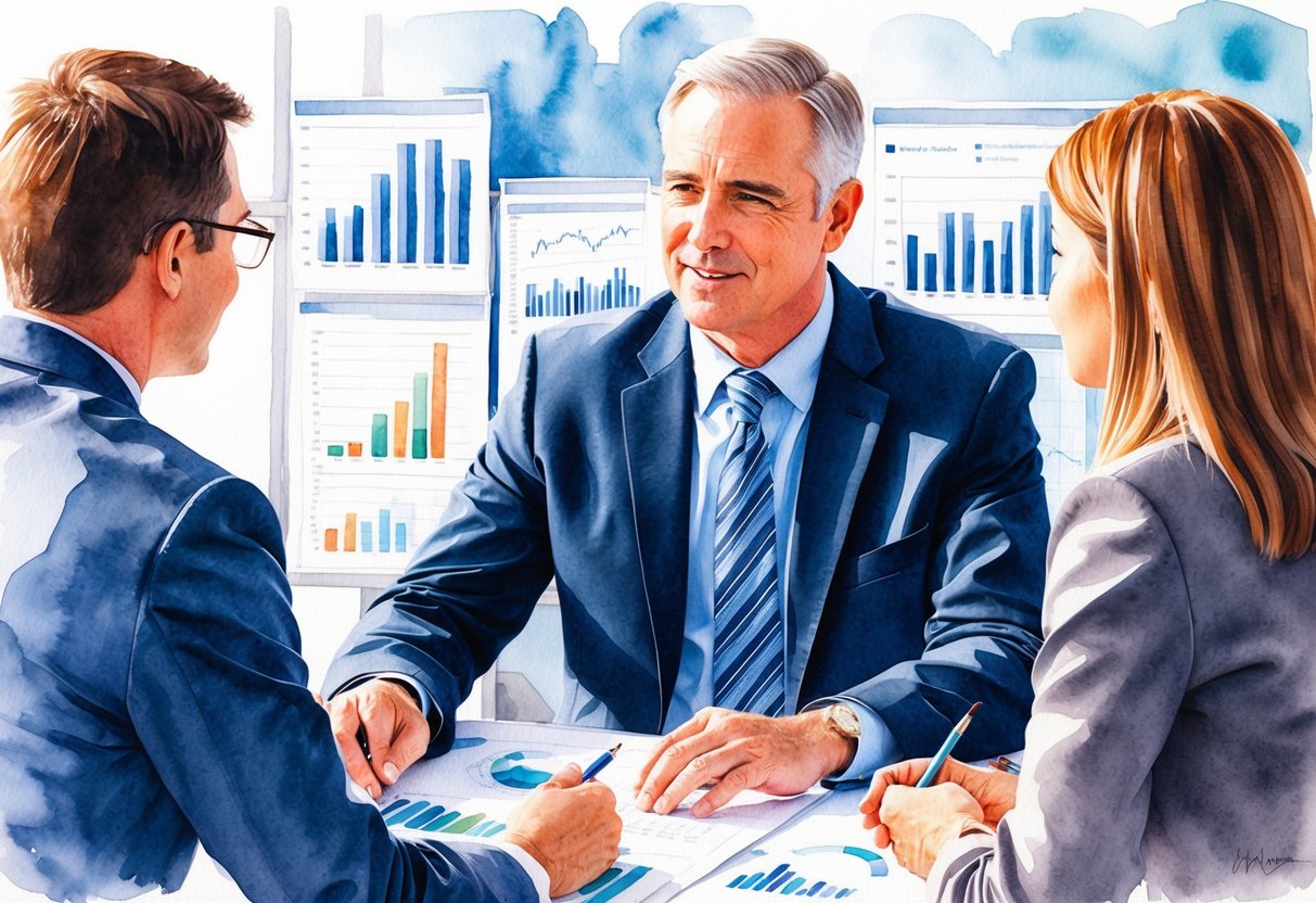 A middle-aged person consulting with a financial advisor, surrounded by charts, graphs, and investment options