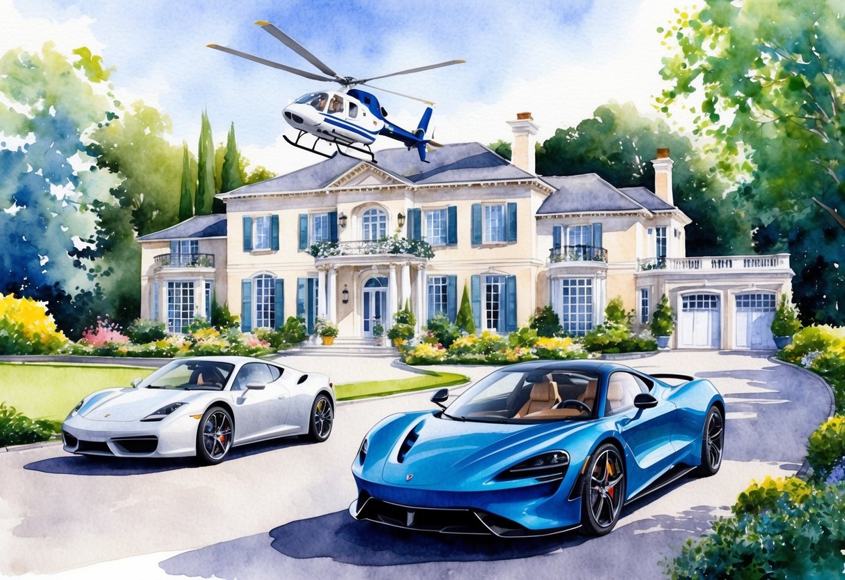A luxurious mansion surrounded by lush gardens, with a sleek sports car parked in the driveway and a private helicopter landing on the helipad