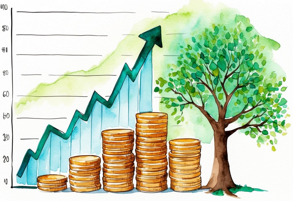 A graph showing an upward trend with a stack of coins and a growing tree symbolizing wealth accumulation in millionaire households
