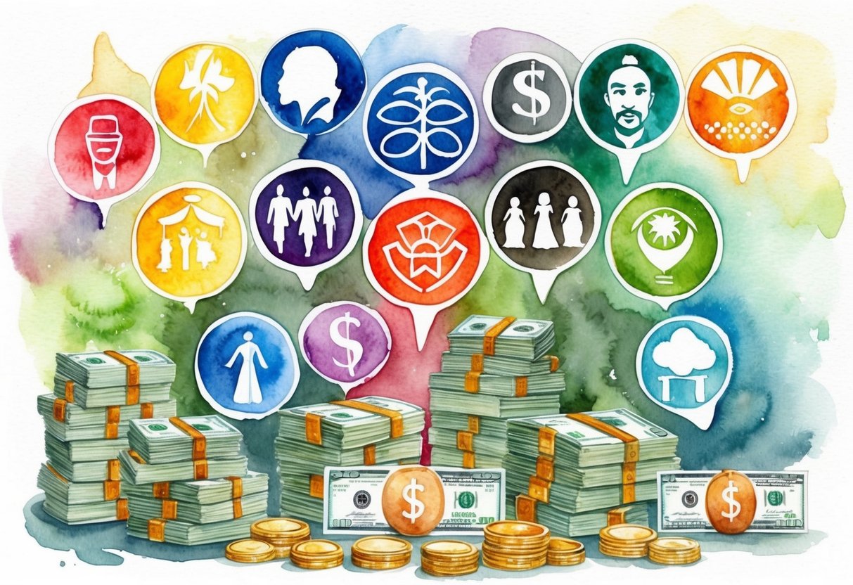 A diverse group of symbols representing different racial and ethnic groups, surrounded by stacks of money and luxury items