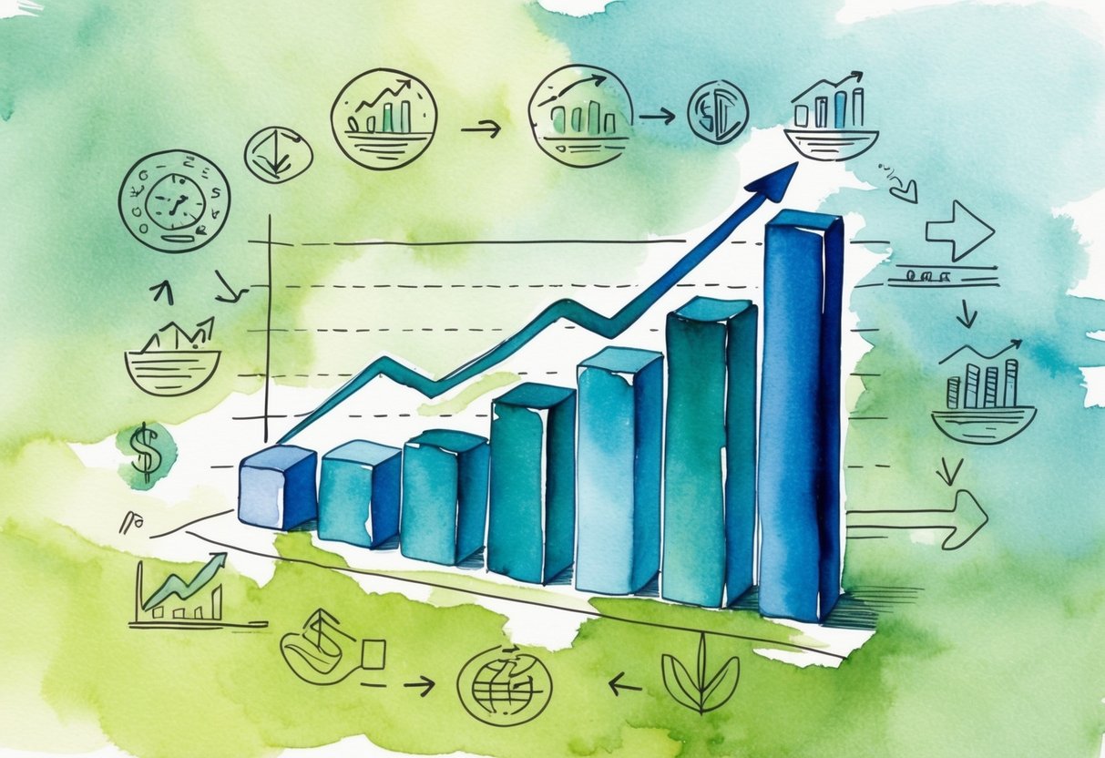 A graph showing a steady upward trend, with arrows pointing upwards, and various economic indicators surrounding it