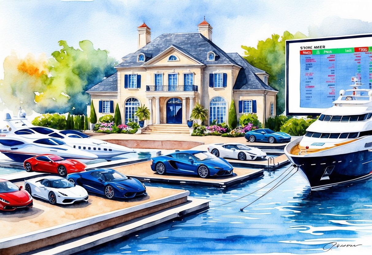 A luxurious mansion surrounded by exotic cars, private jets, and a lavish yacht docked at a marina. A stock market ticker flashes on a large screen