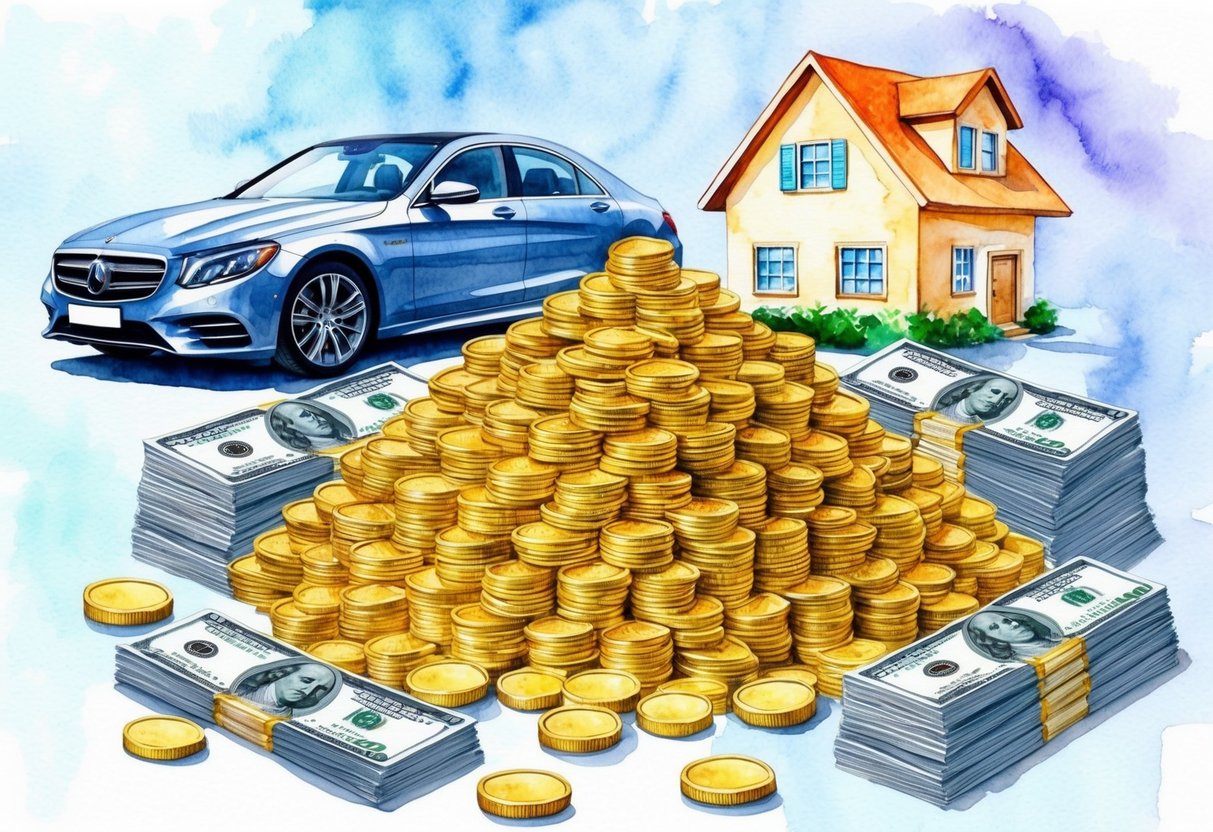A pile of gold coins surrounded by symbols of success and wealth, including a luxury car, a large house, and stacks of dollar bills