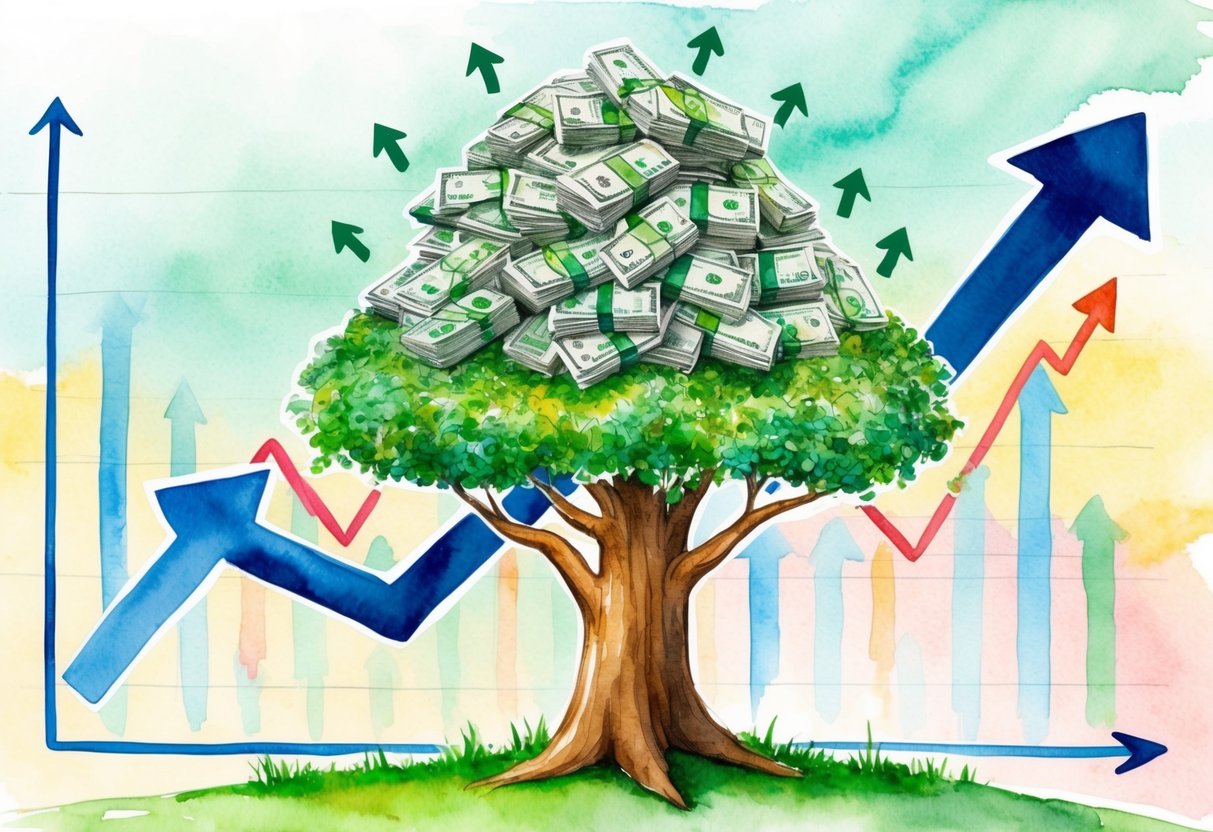 A pile of money growing on a tree, surrounded by arrows pointing upward, downward, and sideways, with a graph showing fluctuating trends in the background