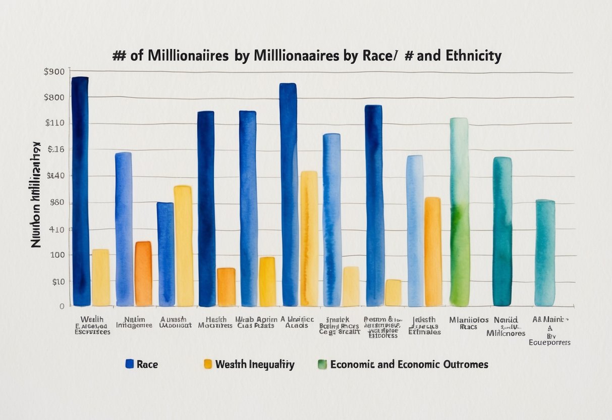 A bar graph comparing the number of millionaires by race and ethnicity, with the bars showing the wealth inequality and economic outcomes